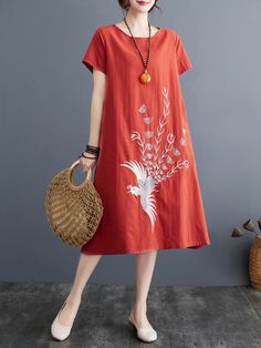 Occasion	Casual , Stylish
Seasons	Spring，Summer
Type	Midi Dress
Color	Red,Yellow,Dark Blue
Size	M,L,XL,2XL Embroidery Neckline, Dresses Xxl, Linen Style, Xl Dress, Shoulder Sleeve