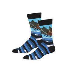 The first film of Bigfoot in the wild featured a hulking figure calmly stalking away. In recent years, more images have been discovered and woven into these socks, capturing the beast enjoying the finer things in life. Machine wash. 75% cotton/22% polyester/3% spandex. Imported. Sized to men's/women's shoe sizes 5-12. Choose BBQ, Classic with Flag Feet, Fishing, Lumberjack or UFO. Size: One Size.  Color: Blue.  Gender: unisex.  Age Group: adult. Footwear For Men, Funny Socks, Lumberjack, In The Wild, Blue Gender, The Beast, Mens Socks, The Wild, Age Group