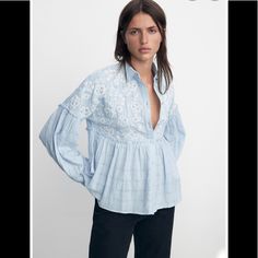 Sold Out Style Nwt Price Firm Long Sleeve Embroidered Top For Spring Daywear, Light Blue Floral Embroidered V-neck Top, Chic Blue Tops With Floral Embroidery, Zara Embroidered V-neck Blouse, Light Blue Embroidered Tops For Spring, Light Blue Embroidered V-neck Top, Embroidered Long Sleeve Light Blue Blouse, Casual Embroidered Zara Blouse, Zara Embroidered Casual Blouse