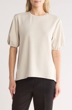 NORDSTROM RACK Puff Sleeve Mixed Media T-Shirt | Nordstromrack Everyday Relaxed Fit Tops With Balloon Sleeves, Stretch Puff Sleeve Work Top, Stretch Short Sleeve Puff Top For Work, Everyday Balloon Sleeve Tops Relaxed Fit, Stretch Puff Sleeve Top For Work, Casual Stretch Puff Sleeve Top With Crew Neck, Casual Soft Stretch Top For Work, Stretch Puff Sleeve Tops, White Stretch Puff Sleeve Top