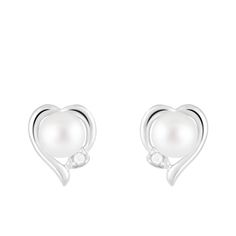 7-7½mm button white cultured freshwater pearl and Cubic Zirconia rhodium over sterling silver button earrings. Measure approximately 1/2"L x 1/2"W and have tension push back. Heart-shaped Pearl Earrings For Formal Occasions, White Gold Earrings For Valentine's Day, White Gold Earrings For Valentine's Day Formal, Formal White Gold Earrings For Valentine's Day, Valentine's Day Formal White Gold Earrings, Elegant Round Earrings For Mother's Day, Elegant Round Mother's Day Earrings, Elegant White Earrings For Mother's Day, Fine Jewelry White Gold Pearl Earrings In Sterling Silver