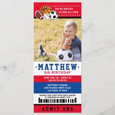 Red All Star Sport Ticket Birthday Party Photo Invitation Stadium Entrance, Red All Star, Baseball Party Invitations, First Birthday Baseball, Ball Basketball