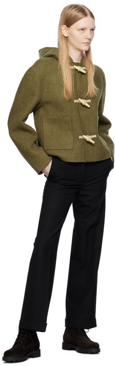 Felted RWS-certified wool-blend bouclé jacket. · Toggle closure · Patch pockets · Unlined Supplier color: Olive Wool Outerwear With Toggle Closure For Work, Long Sleeve Outerwear With Toggle Closure For Work, Brown Husky, Boucle Jacket, Color Coffee, Leather Collar, Hooded Jacket, Husky, Wool Blend