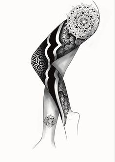 a drawing of a woman's leg with an intricate design on the bottom half