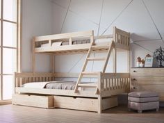 a wooden bunk bed sitting on top of a hard wood floor next to a window