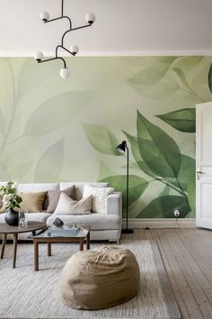 Image of Botanical Serenity Green Leaves Wallpaper from Happywall.com Paint Leaves On Wall, Calming Wall Colors, Brown And Gold Wallpaper, Grey And Gold Wallpaper, Bedroom Upgrades, Calm Green, Coastal Paint, Seni Mural, Tapete Gold