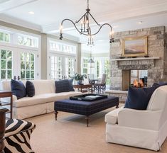 a living room filled with furniture and a fire place in the middle of a room