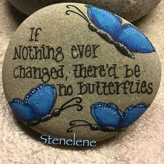 two blue butterflies painted on rocks with the words if nothing ever changed, there'd be no butterflies