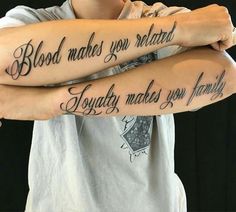 two people with tattoos on their arms that say blood makes you related, today makes you family