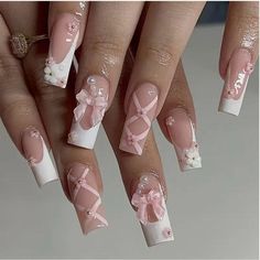 Nails With Bows, Quinceanera Nails, Girly Acrylic, 3d Elements, White Acrylic Nails, Cute Acrylic Nail Designs, Really Cute Nails, White Nail Designs