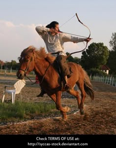 a man riding on the back of a brown horse while holding a bow and arrow