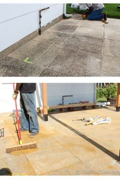 before and after photos of a concrete patio being laid on the side of a house