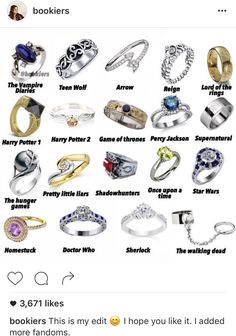 😻😻the Percy Jackson and Hunger games ones are beautiful!!😻😻😻 Movie Inspired Jewelry, Harry Potter Engagement Rings, Hunger Games Clothes, Hunger Games Outfit Ideas, Fandom Rings, Percy Jackson Jewelry, Hunger Games Bracelet, Hunger Games Jewelry