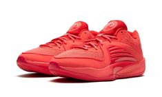 The Nike KD 16 "Triple Red" is a vibrant, monochromatic red colorway of Kevin Durant’s sixteenth signature sneaker.  The “Triple Red” features a red engineered mesh upper matched with a red mudguard and a TPU overlay on the midfoot.  Durant’s signature branding with Nike Basketball appears on the tongue while a red Swoosh is seen on the lateral side of the collar.  Red laces are found on the red mesh tongue.  Underfoot, the shoe’s red foam cushioned midsole completes the sneaker’s all-red design Kd 16, Hoop Shoes, Glow Shoes, Kd Shoes, Nike Kd, Red Nike, Stadium Goods, Nike Basketball, Red Design