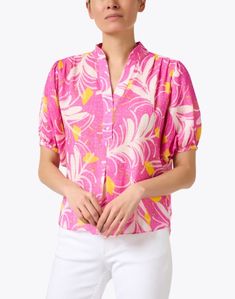 This fun pink print adds an easygoing feel to Soler's Villamarie top. The 100% cotton silhouette features a flattering henley neckline to complement its relaxed fit. Style with jeans and a coordinating clutch for a weekend-ready look. Casual Pink Tops With Split Neck, Casual Pink Blouse With Split Neck, Summer Split Neck Pink Blouse, Pink Floral Print Blouse With Split Neck, Pink Floral Print Split Neck Blouse, Pink Split Neck Blouse With Floral Print, Style With Jeans, Skirt And Top Dress, Work Accessories