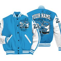 a blue and white baseball jacket with the number 23 on it's front, two sleeves