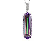 9.35ct emerald cut multicolor quartz with .92ctw round African amethyst and .06ctw round white topaz sterling silver pendant with 18"cable chain. Measures approximately 1.88"L x .44"W. 2mm bail. Spring ring clasp. Rhodium plated. Fine Jewelry With Multicolor Emerald Cut, Multi-stone Baguette Cut Fine Jewelry, Fine Jewelry Multi-stone Baguette Cut, Fine Jewelry With Rectangular Gemstone Accents, Fine Jewelry With Gemstone Accents Rectangular Shape, Multicolor Faceted Jewelry For Formal Occasions, White Gold Gemstones With Accents Fine Jewelry, Octagon Diamond Jewelry With Gemstone Accents, Dazzling Purple Jewelry With Diamond Accents