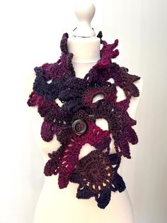 Welcome to my shop, all items handmade by me with passion  READY TO SHIP  I crocheted this beautiful chunky neck piece in a lovely coloured yarn.  Inspired by Irish Freeform Crochet. Can be worn open or closed with the button. Button will fit through any of the holes on this scarf so you can wear it any way you prefer.   A totally unique designer gift to treat yourself or someone else.  All items comes with a card tag attached with ribbon, ready to be given as a gift.  ❤️Shipping times: This ite Crochet Lace Scarf, Scarf Knit, Ruffle Scarf, Crochet Gift, Freeform Crochet, Lace Scarf, Neck Piece, Irish Crochet, Designer Gifts