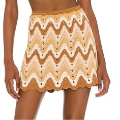 Beautiful Free People Crochet Skirt With Tags Attached In Size M Brown Bohemian Mini Skirt For Summer, Bohemian Brown Mini Skirt For Summer, Bohemian Brown Mini Skirt For Spring, Summer Beach Mini Skirt In Brown, Retro Beach Skirt With Lining, Brown Mini Skirt For Beach In Summer, Summer Brown Mini Skirt For Beach, Casual Beige Skirt For Beach Season, Brown Mini Skirt For Beach In Spring