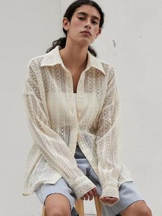 Composition : POLYESTER 65% COTTON 35%Color : PALE BEIGECountry of Origin : KOREA Modern Cardigan, Lace Cardigan, Cardigan Shirt, W Concept, Lace Fabric, Designer Fashion, Top Shirt, Composition, Relaxed Fit