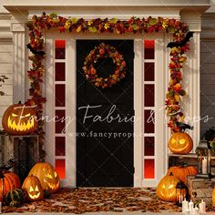 a front door decorated for halloween with pumpkins and leaves on the ground next to it