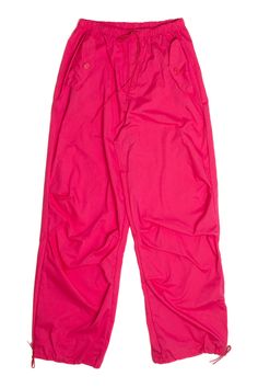 Measurements taken laying flat. - Small: Waist 13" | Inseam 26.5" - Medium: Waist 13.5" | Inseam 27" - Large: Waist 14.5" | Inseam 27" - X-Large: Waist 15" | Inseam 28.5" Spring Nylon Pink Pants, Casual Pink Nylon Pants, Pink Nylon Casual Parachute Pants, Pink Nylon Pants With Pockets, Sporty Pink Cotton Parachute Pants, Small Waist, Drawstring Waist, Parachute Pants, Raspberry