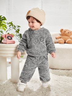 Grey  Collar   Animal,Cartoon  Embellished Slight Stretch  Baby Boys Clothing Hoodie And Sweatpants Set, Winter Baby Boy, Baby Unisex, Cropped Leather Jacket, Hoodie And Sweatpants, Animal Cartoon, Sweatpants Set, Boys Set, Workout Hoodie