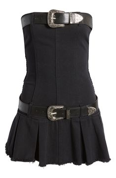 A pair of removable belts secures the sass of a strapless denim dress cut to a very leggy length. Strapless 100% cotton Machine wash, dry flat Imported Summer Corset Belt With Belt Loops, Casual Fitted Corset Belt For Summer, Casual Summer Corset Belt, Fitted Corset Belt For Night Out, Casual Fitted Dress With Belt, Fitted Black Belted Corset Belt, Fitted Black Corset Belt With Belted Detail, Chic Black Dresses With Belt Loops, Cotton Corset Belt For Spring