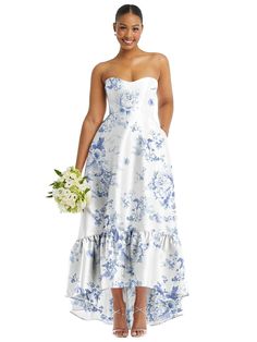 Strapless Floral High-Low Ruffle Hem Maxi Dress with Pockets Cottage Rose, High Low Gown, Floral Bridesmaid Dresses, Evening Dress Collection, Alfred Sung, Floral Bridesmaid, Strapless Floral Dress, Bateau Neck, Full Circle Skirts