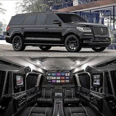 the inside and outside view of a black suv with chrome trims, including an interior area