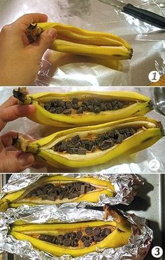 three pictures showing how to peel bananas and cut them into smaller pieces, then put in foil