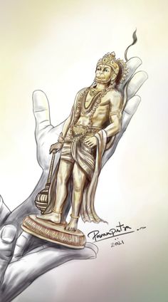 a drawing of a statue in the palm of someone's hand