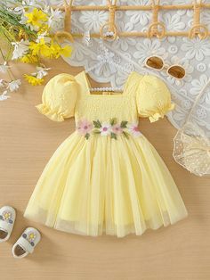 Yellow  Collar Short Sleeve Fabric Colorblock,Floral,Plants Fit and Flare Embellished Non-Stretch  Baby Girls Clothing Baby Dress Diy, First Birthday Dress, Kids Summer Dresses, Vintage Childrens Clothing, Sewing Baby Clothes, First Birthday Dresses, Dress Vacation, Baby Dress Design