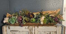 an old wooden cabinet with succulents and flowers on it's side