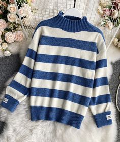 Simple stripe long sleeve sweaterFabric: blendedColor: black, blue, green, pink, khakiSize(cm): free sizelength 55 bust 110-130 sleeve length 45 Trendy Striped Cropped Sweater, Trendy Striped Sweater With Ribbed Cuffs, Striped Long Sleeve Knit Sweater, Striped Knit Long Sleeve Sweater, Winter Striped Sweater With Ribbed Cuffs, Striped Long Sleeve Soft Knit Sweater, Crew Neck Knit Sweater With Striped Sleeves, Trendy Striped Crew Neck Sweater, Winter Striped Long Sleeve Sweater