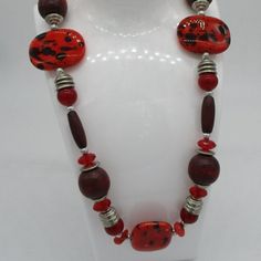 New In Pack From Chuns Fashions/Made In China Chunky Plastic,Ceramic And Wooden Beads Hangs Approx 17 Inch No Clasp Heart Earrings Approx 1.5 Inch Red Necklaces With Silver Beads, Handmade Red Beads For Costume Jewelry, Handmade Red Costume Jewelry Beads, Red Coral Beaded Necklace With Wooden Beads, Jewelry Chunky, Red Necklace, Chunky Beads, Brown Beige, Necklace Earrings