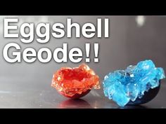 an egg shell is next to a blue and orange piece of glass that says eggshell geode