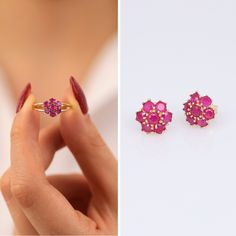 "This 14k Gold Ruby Hexagon Flower Ring will look great on you no matter what you wear! Thanks to its dainty and minimalist design, you'll never want to take it off once you wear! Treat yourself with such beautiful ring as well as being protected by the incredible benefits of Ruby gemstone! ‣ Please choose \".... US (your ring size) + Earrings\" option from variations if you want to purchase as a ring and earrings set. If you choose only ring size, you will only recieve the ring, not the earring Dainty Cluster Ring As A Gift, Dainty Cluster Ring Gift, Halo Design Cluster Jewelry As A Gift, Cluster Halo Design Jewelry Gift, Cluster Halo Design Jewelry As Gift, Ruby Jewelry In Flower Shape For Anniversary, Birthstone Cluster Ring Gift, Flower Shaped Halo Jewelry As Gift, Cluster Birthstone Ring For Gift