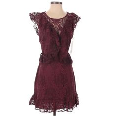 Deep Red “Bordeaux” Color Dress. Lace Ruffle Overlay. Lined. New With Tags Fitted Burgundy Ruffled Dresses, Fitted Burgundy Dresses With Ruffles, Burgundy Ruffled Dress For Night Out, Burgundy Ruffled Dress For Date Night, Burgundy Sleeveless Ruffled Dress, Burgundy Sleeveless Dress With Ruffles, Burgundy Ruffled Mini Dress For Party, Spring Burgundy Dresses With Ruffles, Ruffle Lace Dress