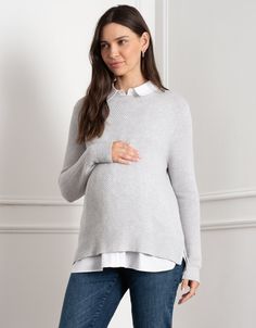 Long sleeve, suzanna underlayer, stepped hem, knitwear, knitted, knit, shirt, woven, collar, nursing knitwear, nursing jumper, nursing top, nursing, maternity, maternity knitwear, jersey nursing, side nursing, side slits, elasticated shirt, button through Postpartum Dresses, Tailored Wedding Dress, Nursing Sweater, Nursing Maternity, Nursing Top, Layered Sweater, Layered Blouse, Nursing Tops, Nursing Dress