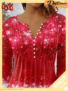 Women's Christmas Long Sleeve V-neck Graphic Printed Top Casual V-neck Holiday Tops, Christmas Festive Long Sleeve Tops, Festive Long Sleeve Tops For Christmas, Winter Festive Long Sleeve Tops, Festive Long Sleeve Tops For New Year, Festive Long Sleeve Top For Holidays, Festive Long Sleeve Tops For Holiday, Festive Long Sleeve Holiday Top, Red Holiday Tops For Festive Occasion