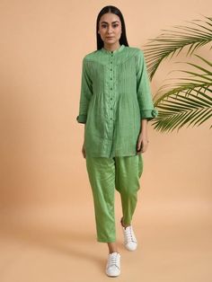 Green Cotton Dobby Shirt with Slip (Set of 2) By The Neem Tree now available at Trendroots Summer Cotton Tunic Sets, Summer Cotton Blouse With Set-in Sleeves, Green Cotton Long Sleeve Sets, Spring Cotton Tunic Set, Summer Cotton Kurta With Set-in Sleeves, Green Long Sleeve Daywear Sets, Summer Cotton Sets With Set-in Sleeves, Green Cotton Workwear Set, Casual Green Straight Kurta Top