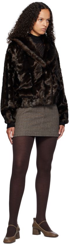 Faux-fur jacket. · Shawl lapel · Press-stud closure · Seam pockets · Welt pocket at interior · Full twill lining Supplier color: Espresso Brown Tweed, Houndstooth Pattern, Faux Fur Jacket, Press Studs, Fur Jacket, Welt Pocket, Espresso, Wool Blend, Shawl