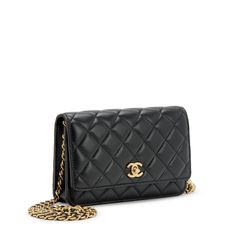 CHANEL QUILTED LAMBSKIN CC PEARL CRUSH WALLET ON CHAIN WOCLIKE NEW CONDITION This stylish shoulder bag is crafted of diamond quilted lambskin leather in black. Features an adjustable leather threaded gold chain shoulder strap and a flap with an aged gold CC clasp. The flap opens to a matching leather and gold fabric interior with card slots, a flat pocket, and a zip compartment. 7.5 X 5 X 1.75"Drop: 24.00 in This Chanel® CC is a registered trademark of Chanel® Chanel® Bag Wishlist, Chanel Chanel, Wallet On Chain, Handbag Heaven, Stylish Shoulder Bag, Leather Thread, Black Features, Gold Fabric, Black Quilt