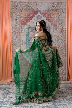 Emerald Green Gotta Patti and thread work Bridal Lehenga Green Pre-draped Saree With Intricate Embroidery For Wedding, Designer Green Lehenga With Traditional Drape, Green Bollywood Gown With Intricate Embroidery, Green Lehenga With Traditional Drape For Designer Wear, Bollywood Green Gown With Intricate Embroidery, Bollywood Style Green Gown With Intricate Embroidery, Green Pre-draped Saree With Intricate Embroidery For Reception, Green Lehenga With Dupatta For Reception, Green Choli For Reception With Traditional Drape