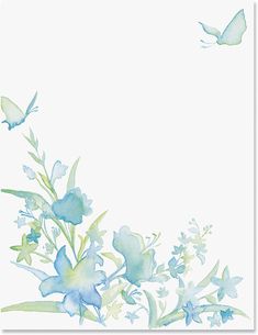 blue flowers and butterflies on a white background