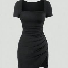 Very Soft And Sturdy Material, Very Stylish. Casual Short Sleeve Bodycon Dress For Evening, Black Short Sleeve Mini Dress With Ruched Detail, Black Ruched Short Sleeve Bodycon Dress, Black Ruched Bodycon Dress With Short Sleeves, Black Short Sleeve Ruched Dress, Black Ruched Dress With Short Sleeves, Black Ruched Bodycon Dress, Shein Dress, Square Neck Dress