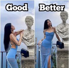 a woman in a blue dress standing next to a statue with the words good and better on it