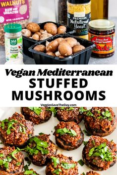 vegan mediterraneanan stuffed mushrooms on a white plate with other ingredients in the background