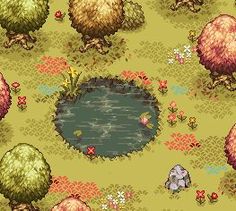 an image of a video game scene with sheep and trees in the foreground, looking down at a pond